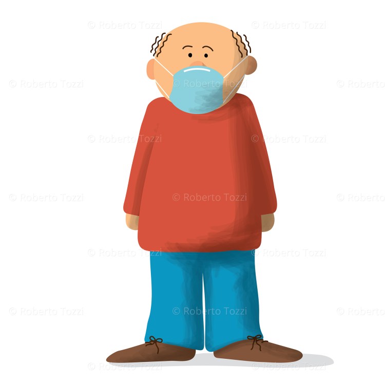 Personaggio con mascherina protettiva, illustrazione vettoriale.