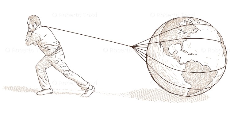 L'uomo che trascina il globo, illustrazione vettoriale.