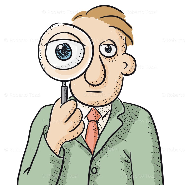 Personaggio con una lente d'ingrandimento, illustrazione vettoriale.