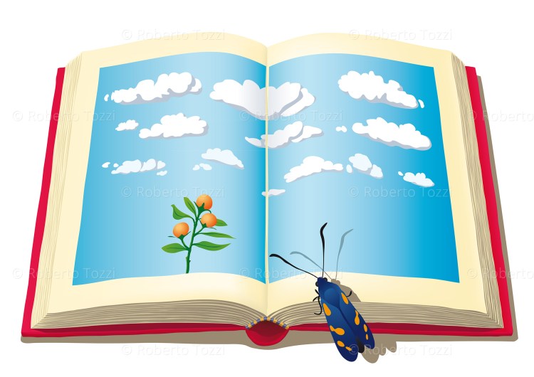 Libro aperto con farfalla, illustrazione vettoriale.