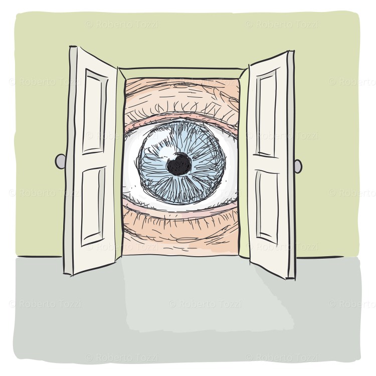 Un occhio che guarda da una porta aperta, illustrazione vettoriale.
