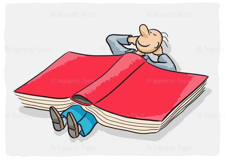Un uomo riposa sotto un libro, vettoriale.