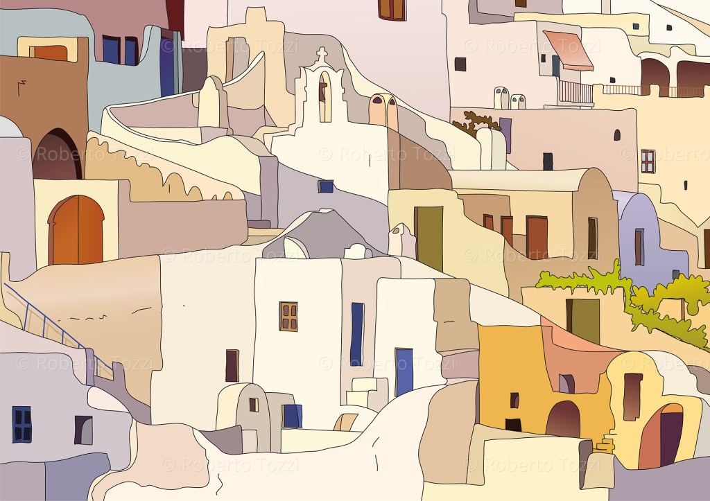 Immagine di Oia sull'isola greca di Santorini, illustrazione vettoriale.