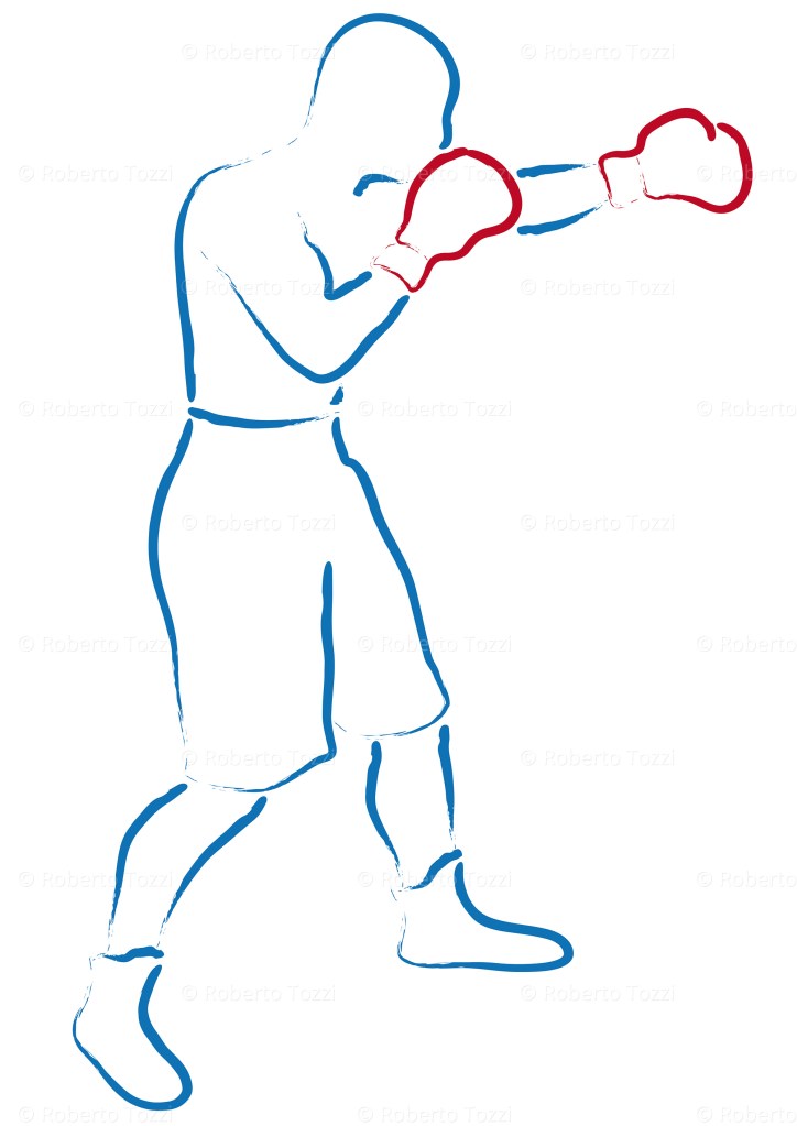 Illustrazione stilizzata di un pugile con guanti rossi, vettoriale.
