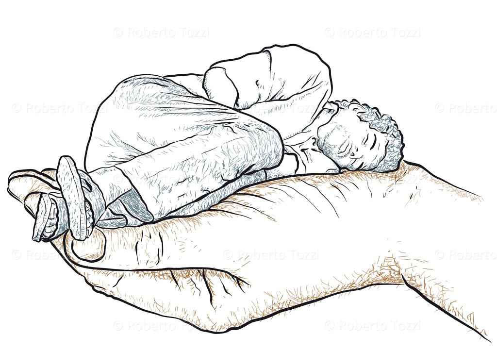 Mano umana nell'atto di sostenere un uomo che riposa, illustrazione vettoriale.